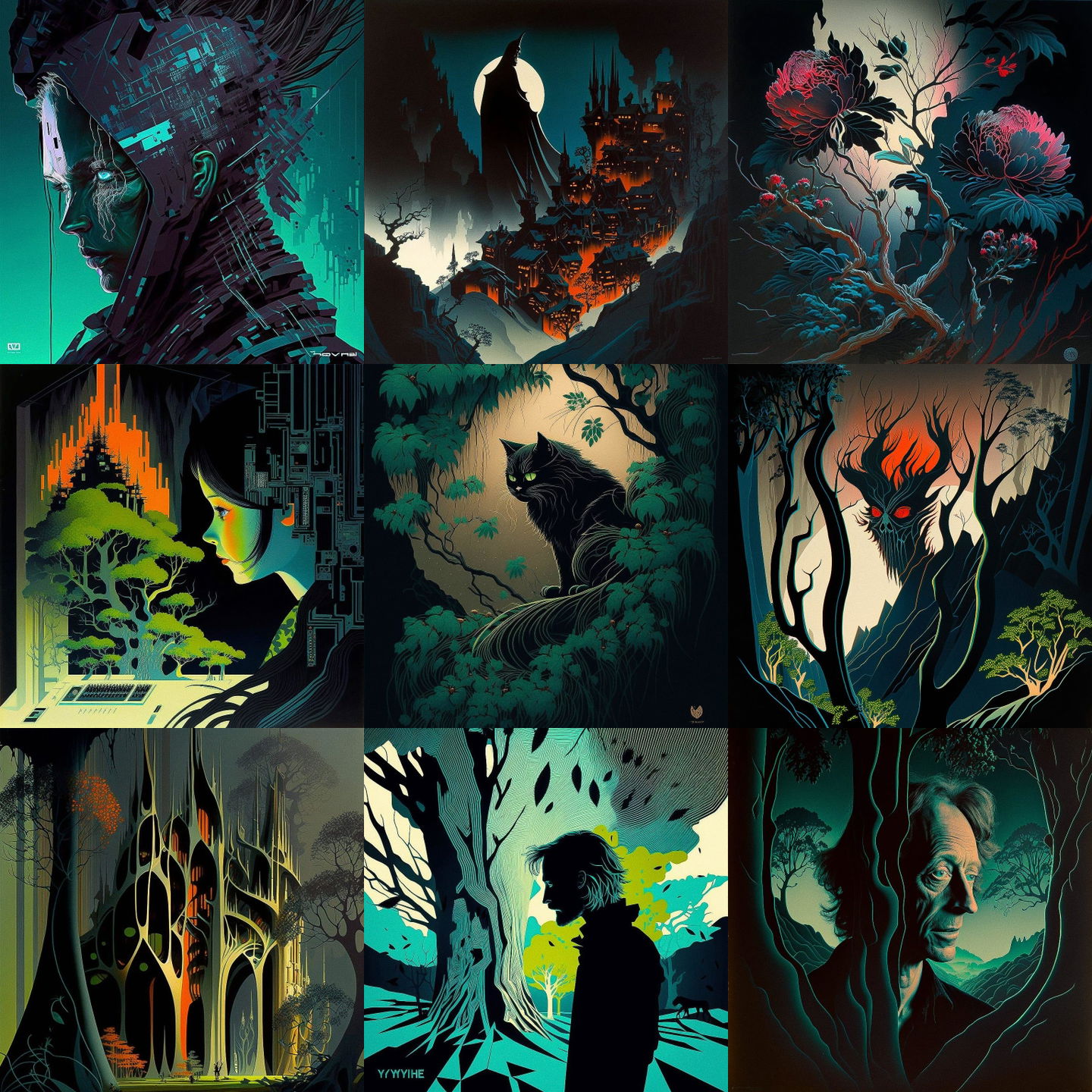 Eyvind Earle style, Midjourney V4: cyberpunk character by Eyvind Earle