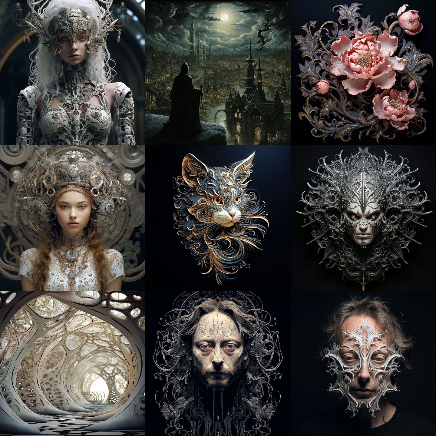 Filigree style, Midjourney V5.2: cyberpunk character as Filigree