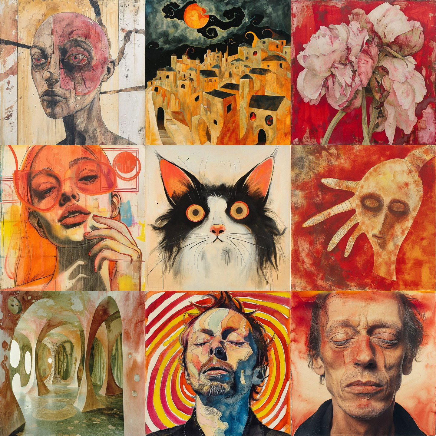 Francesco Clemente style, Midjourney V6: cyberpunk character by Francesco Clemente