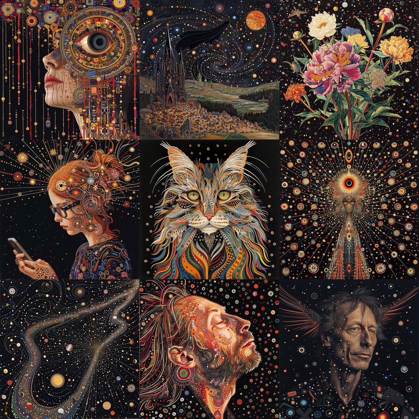 Fred Tomaselli style, Midjourney V6: cyberpunk character by Fred Tomaselli