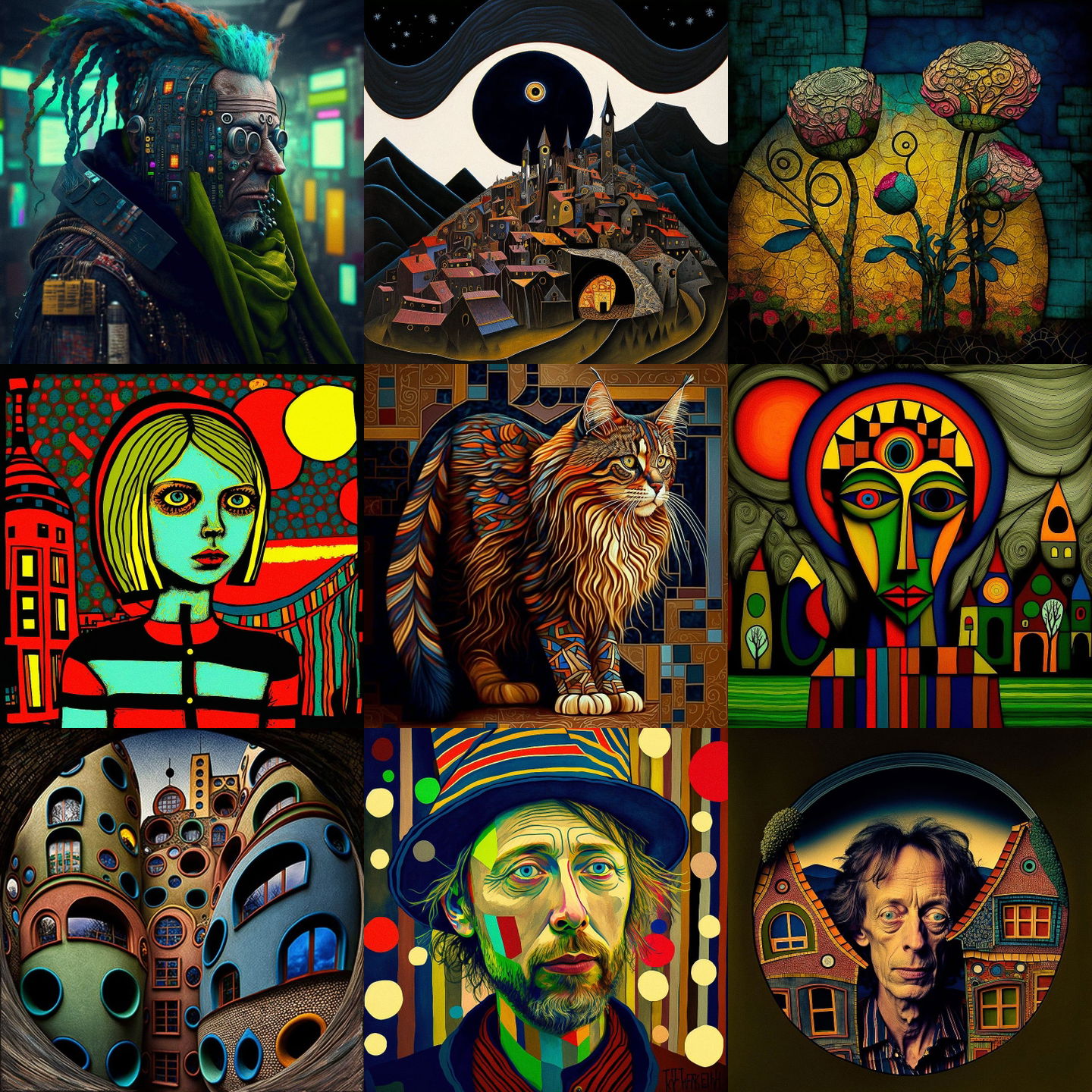 Friedensreich Hundertwasser style, Midjourney V4: cyberpunk character by Friedensreich Hundertwasser