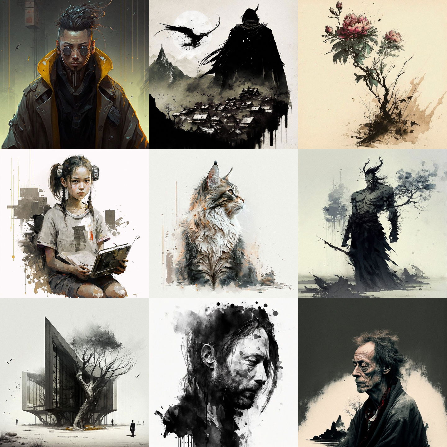 Fu Baoshi style, Midjourney V4: cyberpunk character by Fu Baoshi