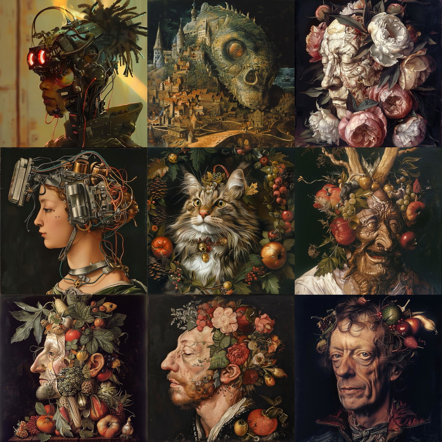 Giuseppe Arcimboldo style, Midjourney V6: cyberpunk character by Giuseppe Arcimboldo