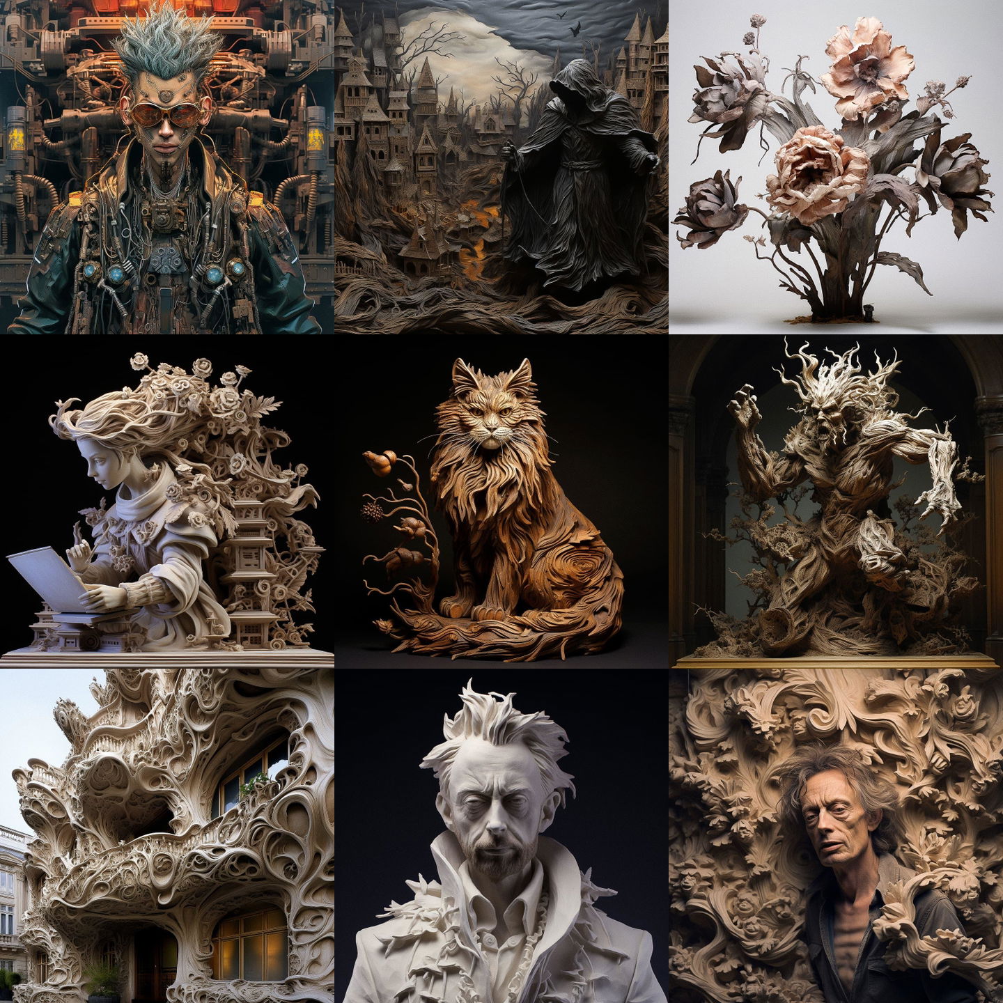 Grinling Gibbons style, Midjourney V5.2: cyberpunk character by Grinling Gibbons