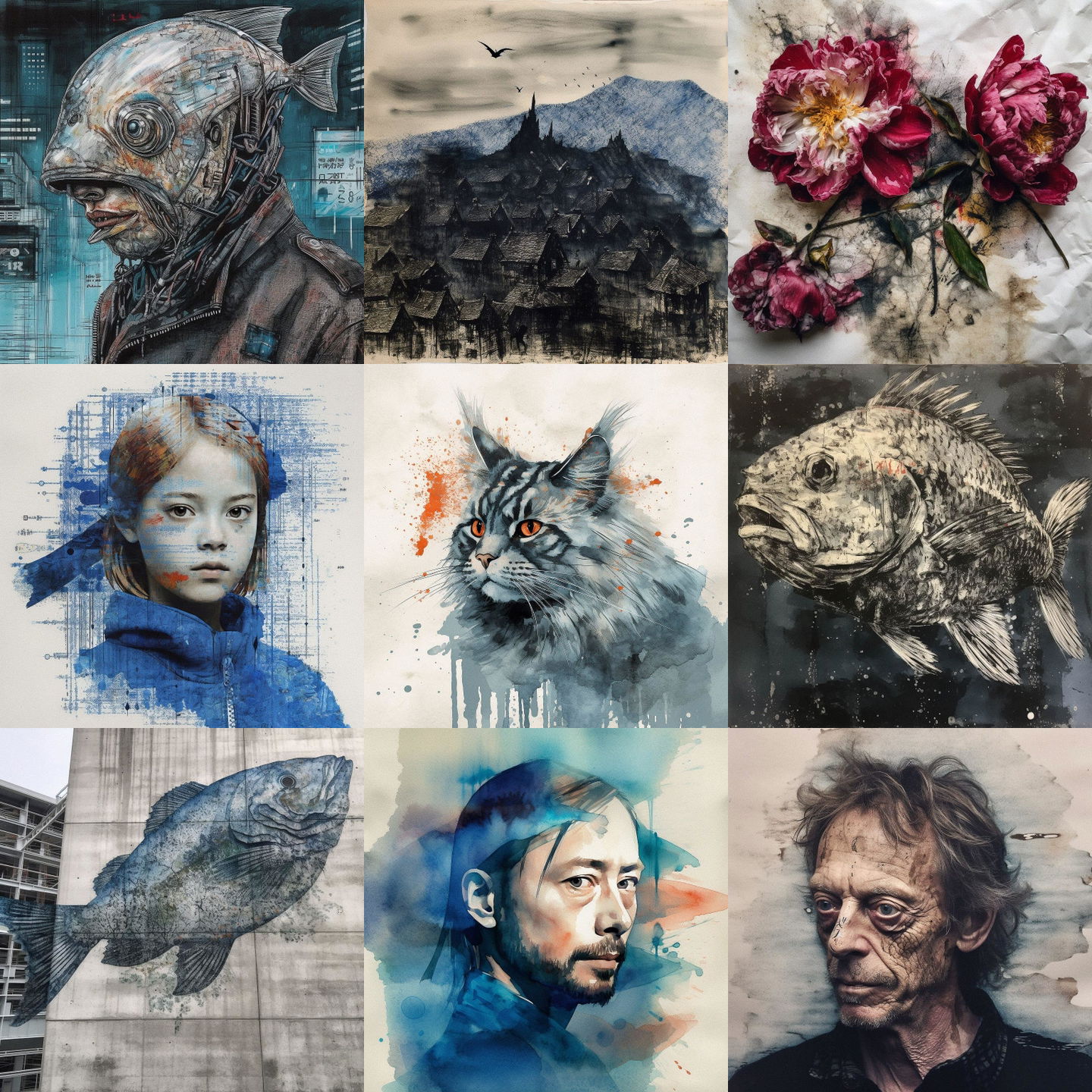 Gyotaku style, Midjourney V5: cyberpunk character as Gyotaku