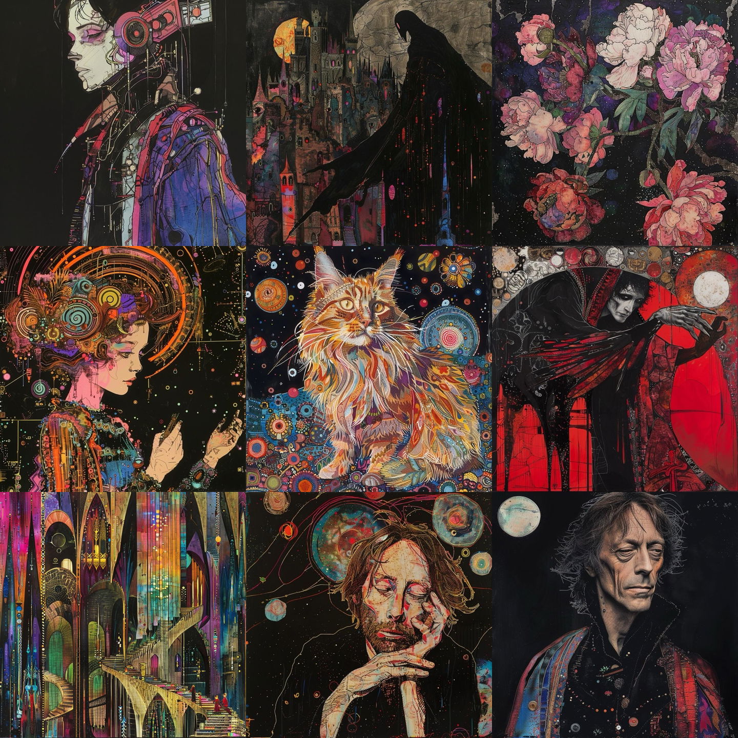 Harry Clarke style, Midjourney V6: cyberpunk character by Harry Clarke