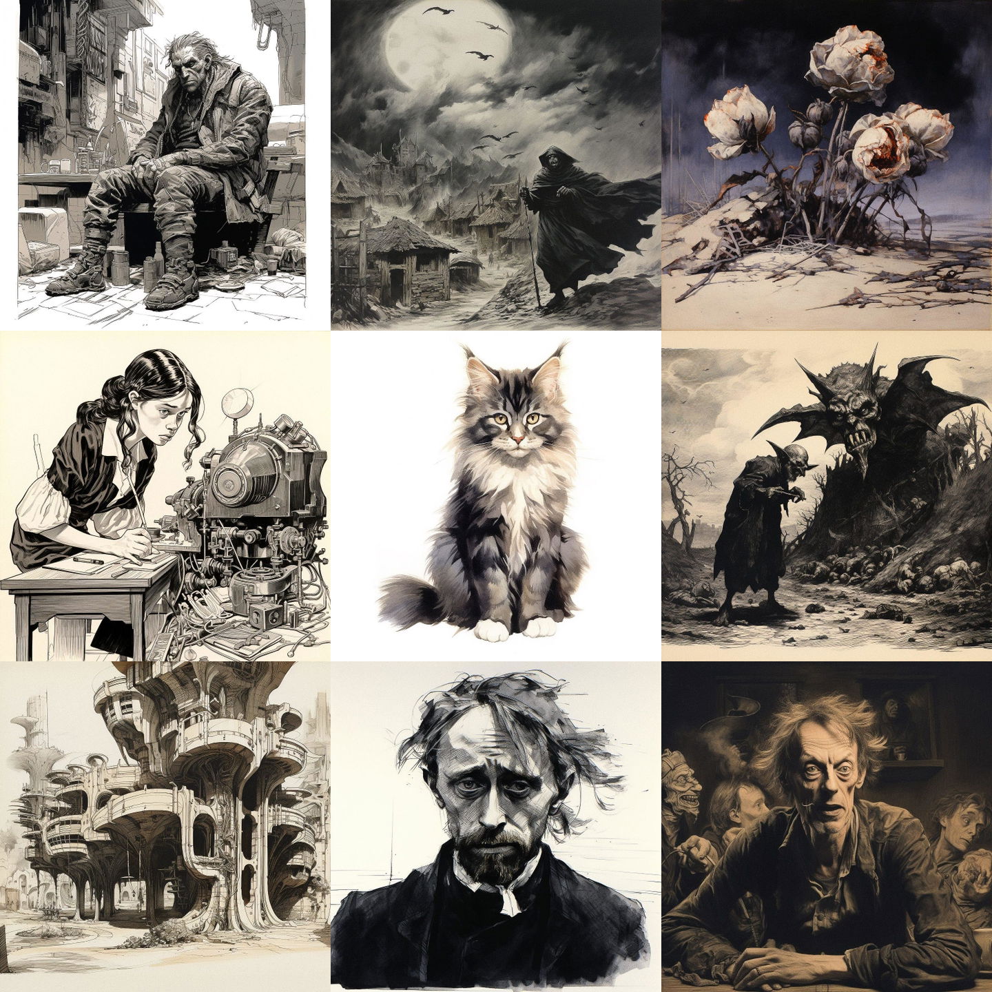 Harry Furniss style, Midjourney V5.2: cyberpunk character by Harry Furniss