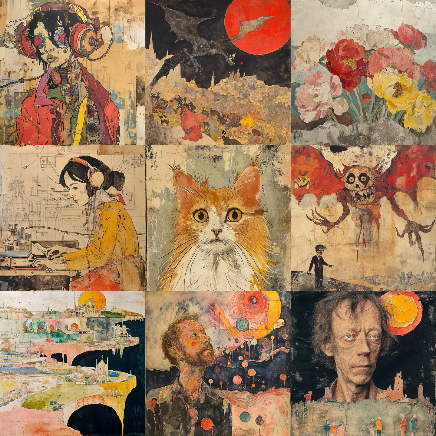 Henry Darger style, Midjourney V6: cyberpunk character by Henry Darger