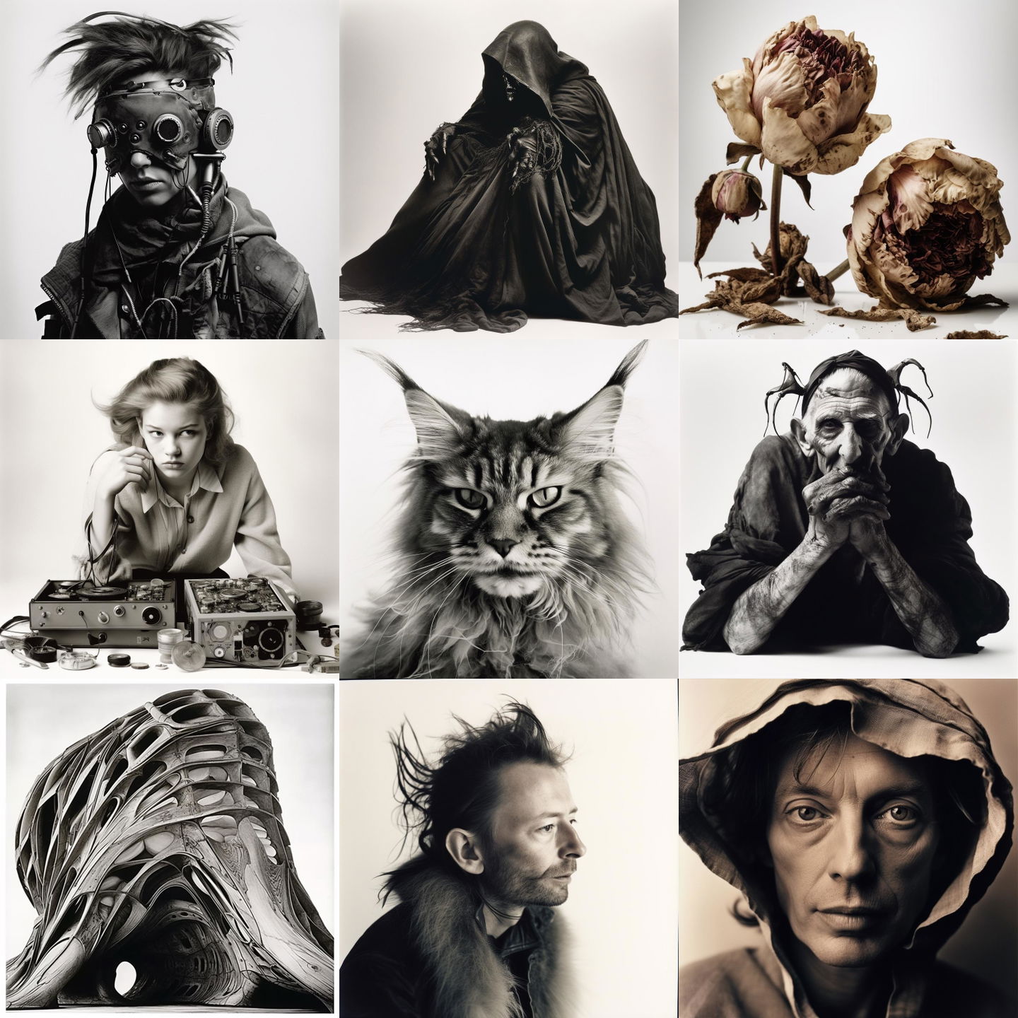 Irving Penn style, Midjourney V5: cyberpunk character by Irving Penn