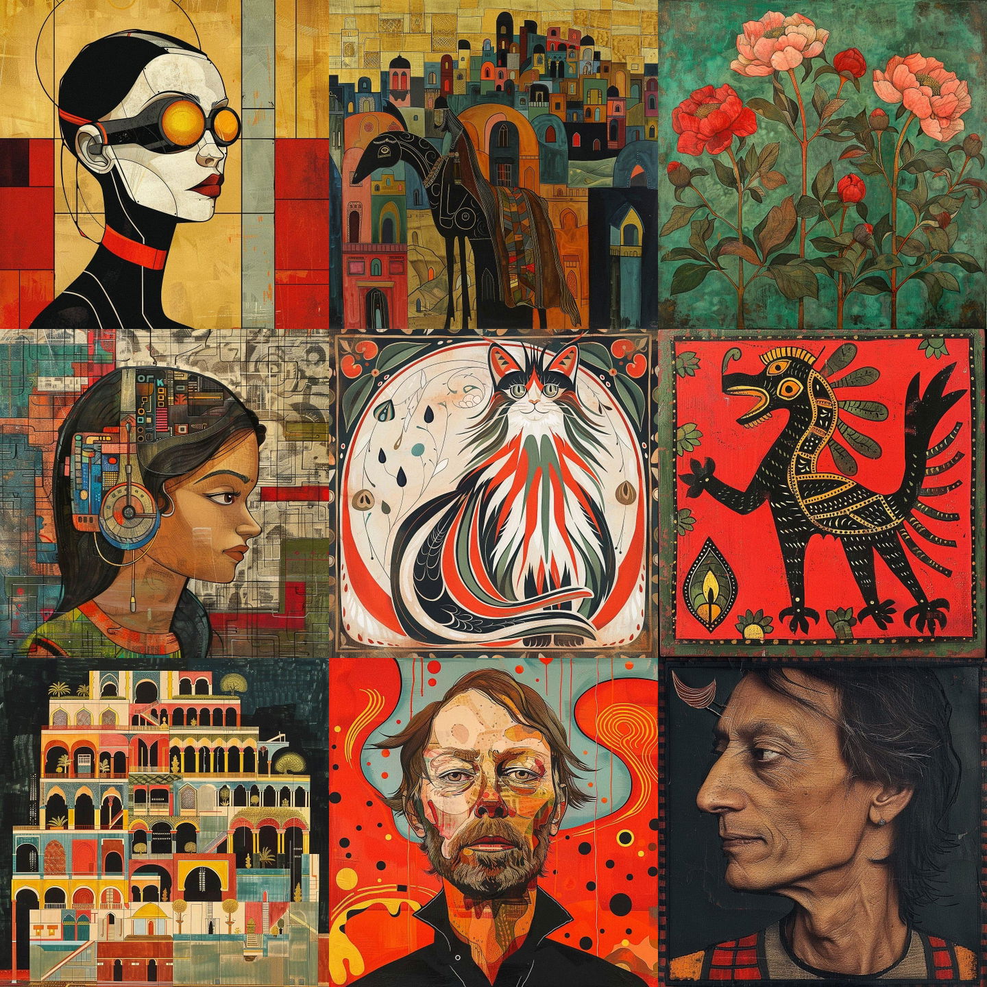 Jamini Roy style, Midjourney V6: cyberpunk character by Jamini Roy