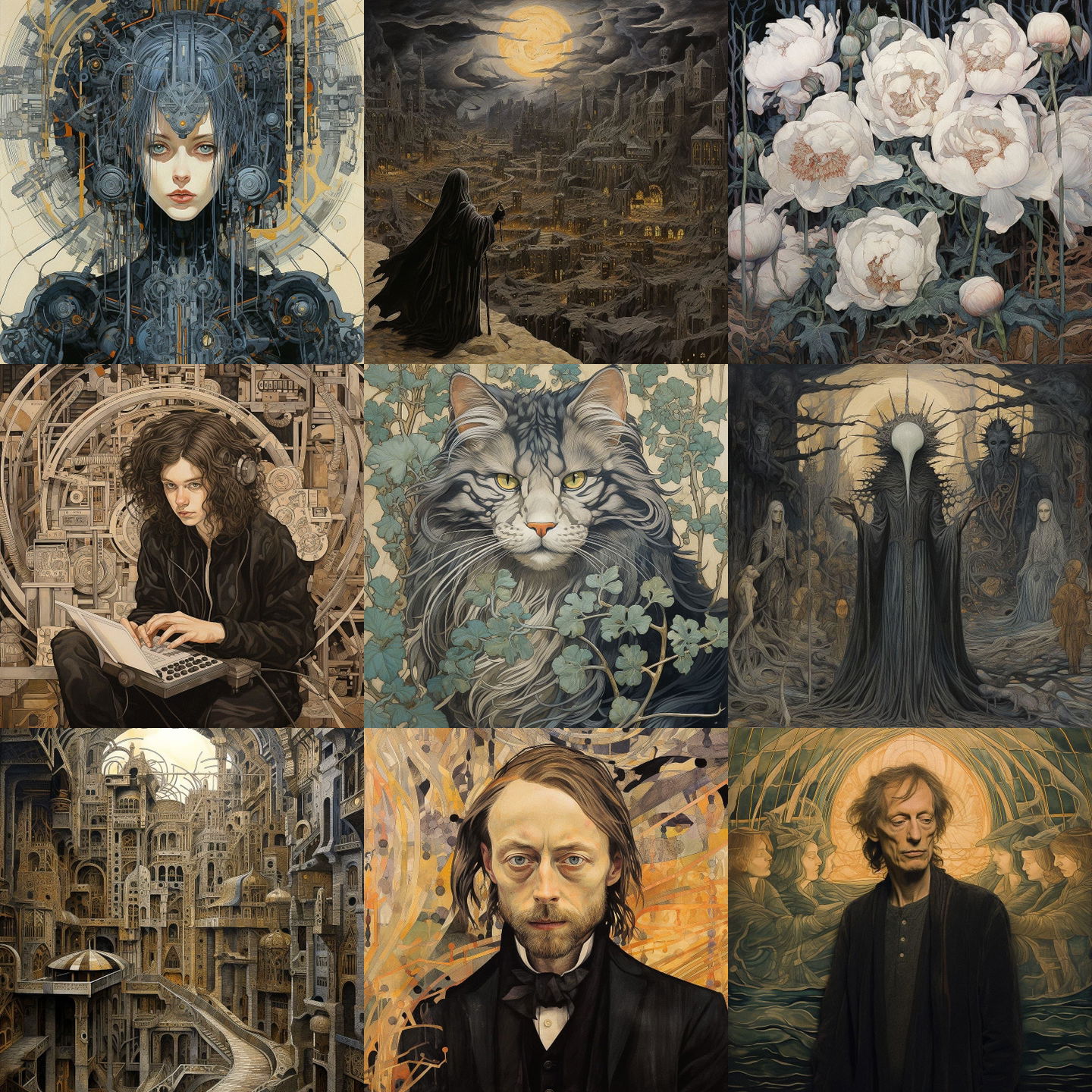 Jan Toorop style, Midjourney V5.2: cyberpunk character by Jan Toorop