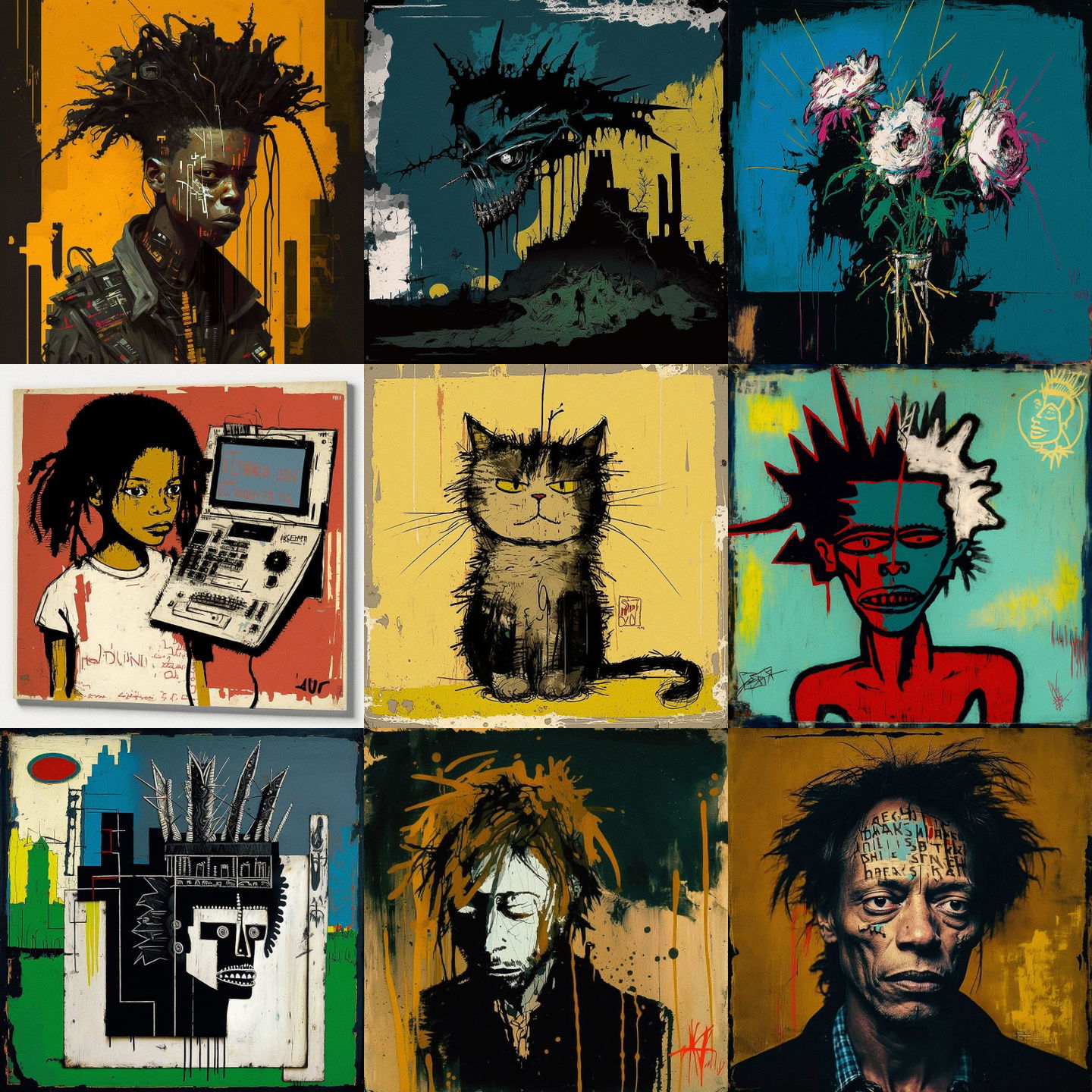 Jean-Michel Basquiat style, Midjourney V4: cyberpunk character by Jean-Michel Basquiat