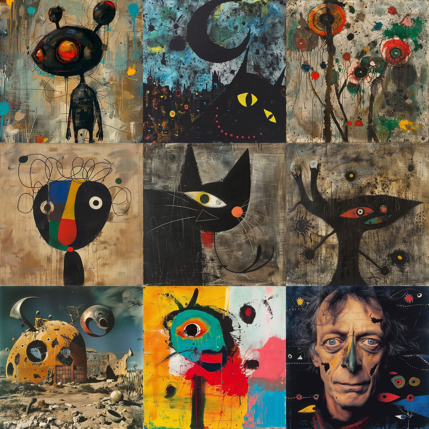 Joan Miro style, Midjourney V6: cyberpunk character by Joan Miro
