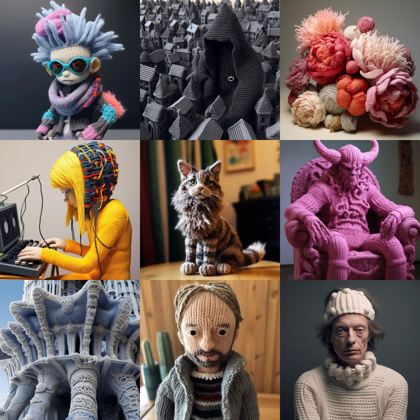 Knitted style, Midjourney V5.1: Knitted cyberpunk character