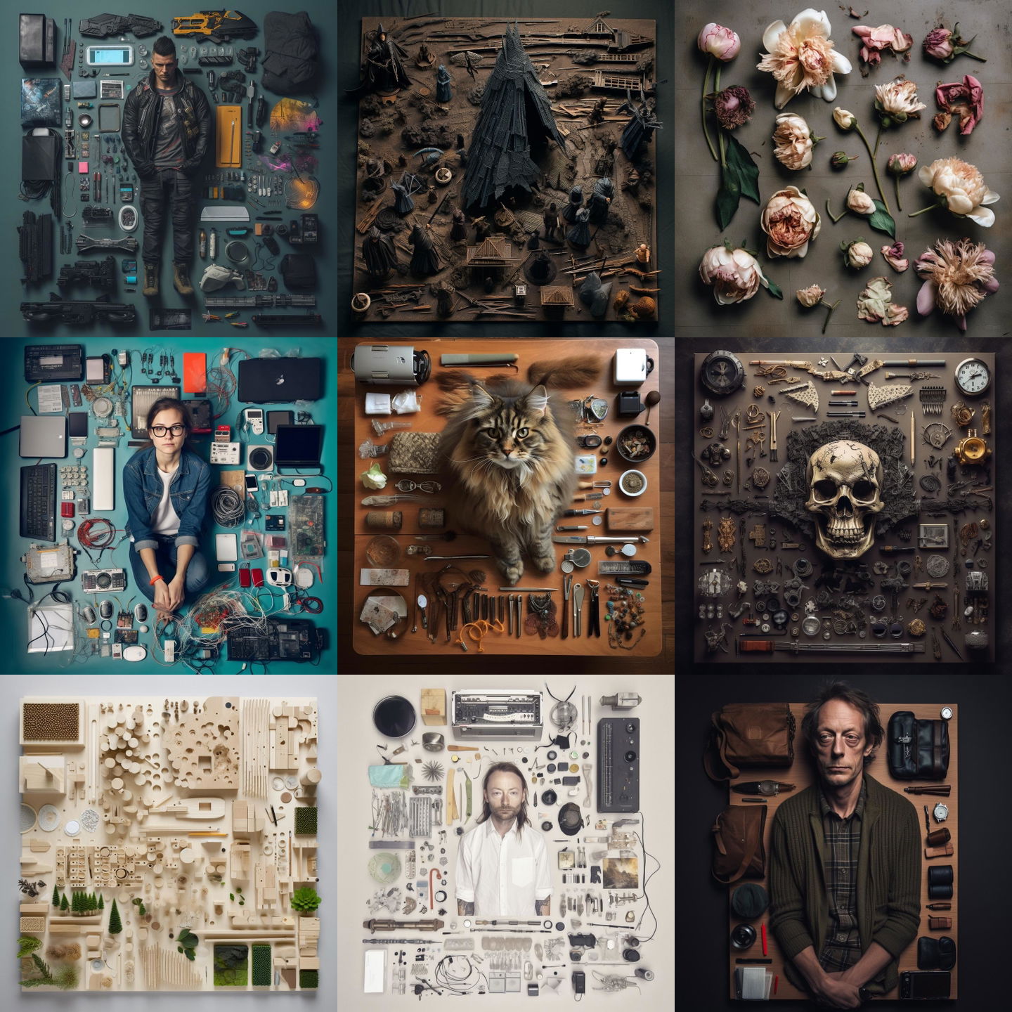 Knolling style, Midjourney V5: cyberpunk character. Knolling