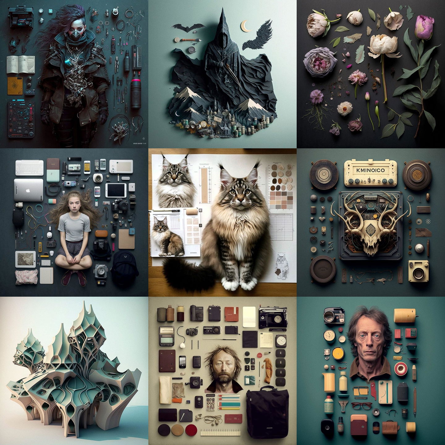 Knolling style, Midjourney V4: cyberpunk character. Knolling