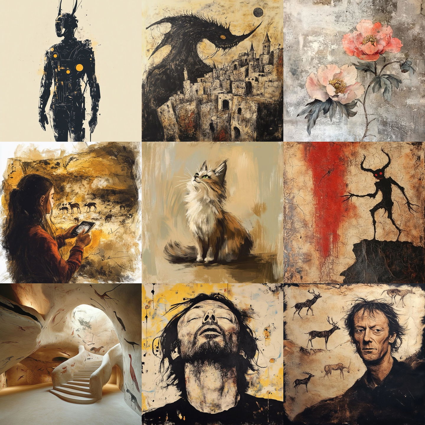 Lascaux style, Midjourney V6.1: cyberpunk character in Lascaux style