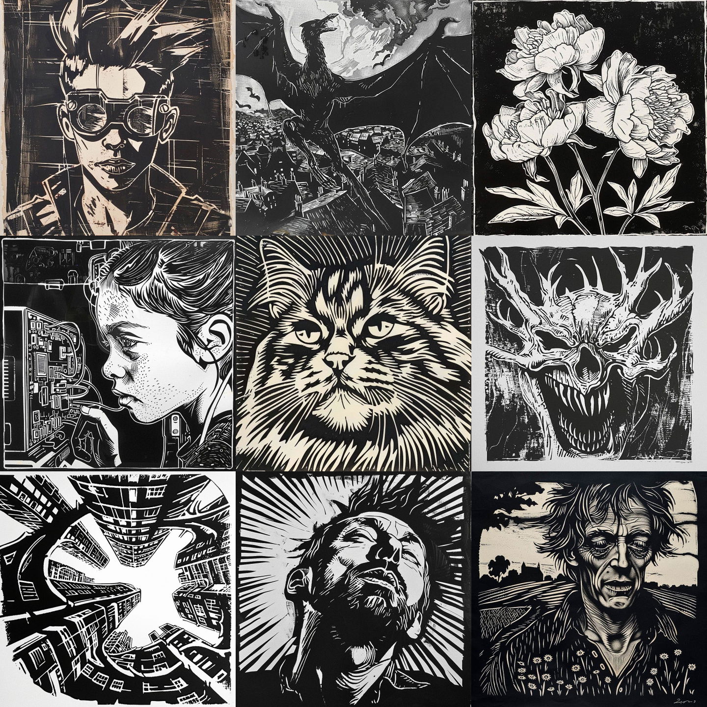 Linocut print style, Midjourney V6: cyberpunk character as Linocut print
