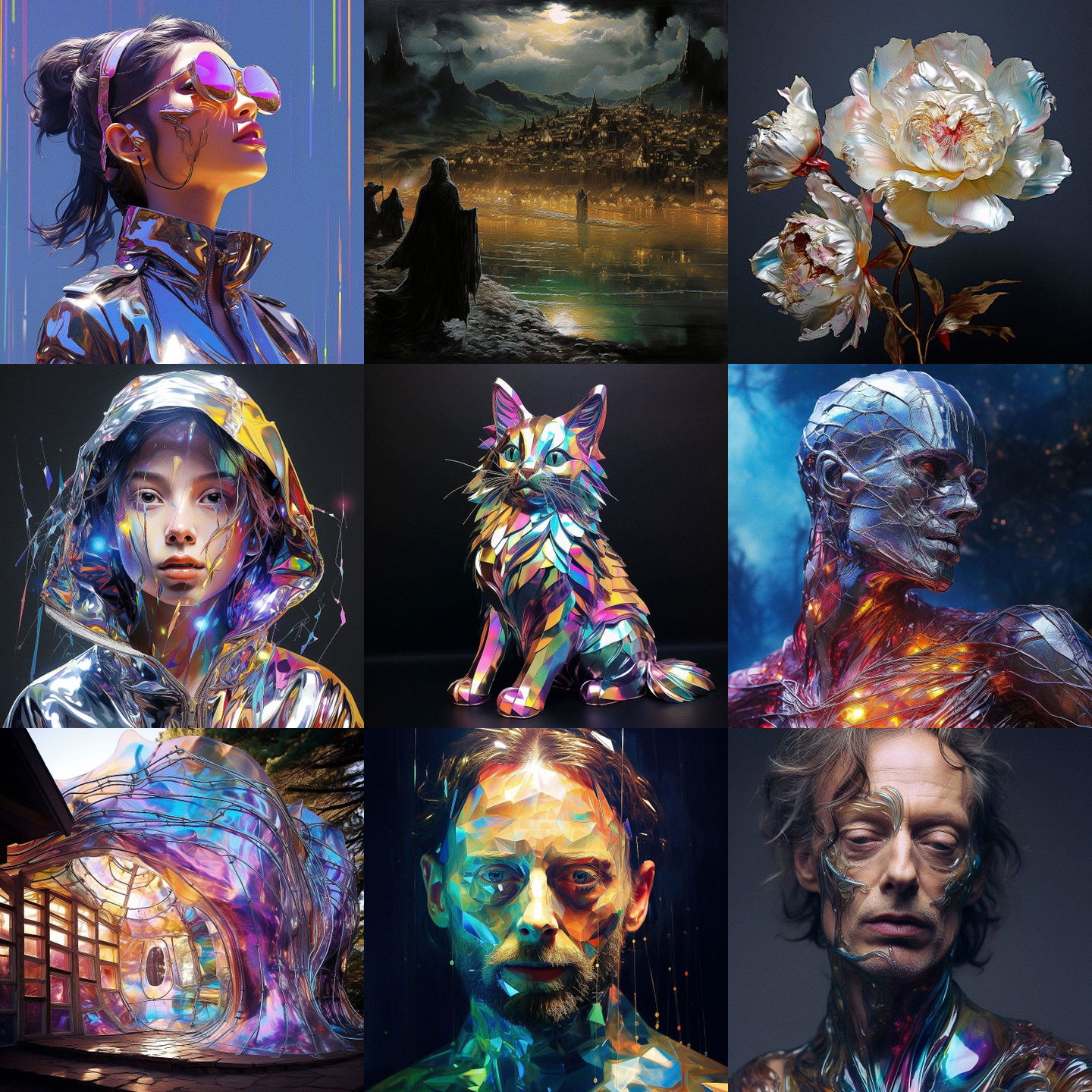 Made of iridescent foil style, Midjourney V5.2: cyberpunk character. Made of iridescent foil