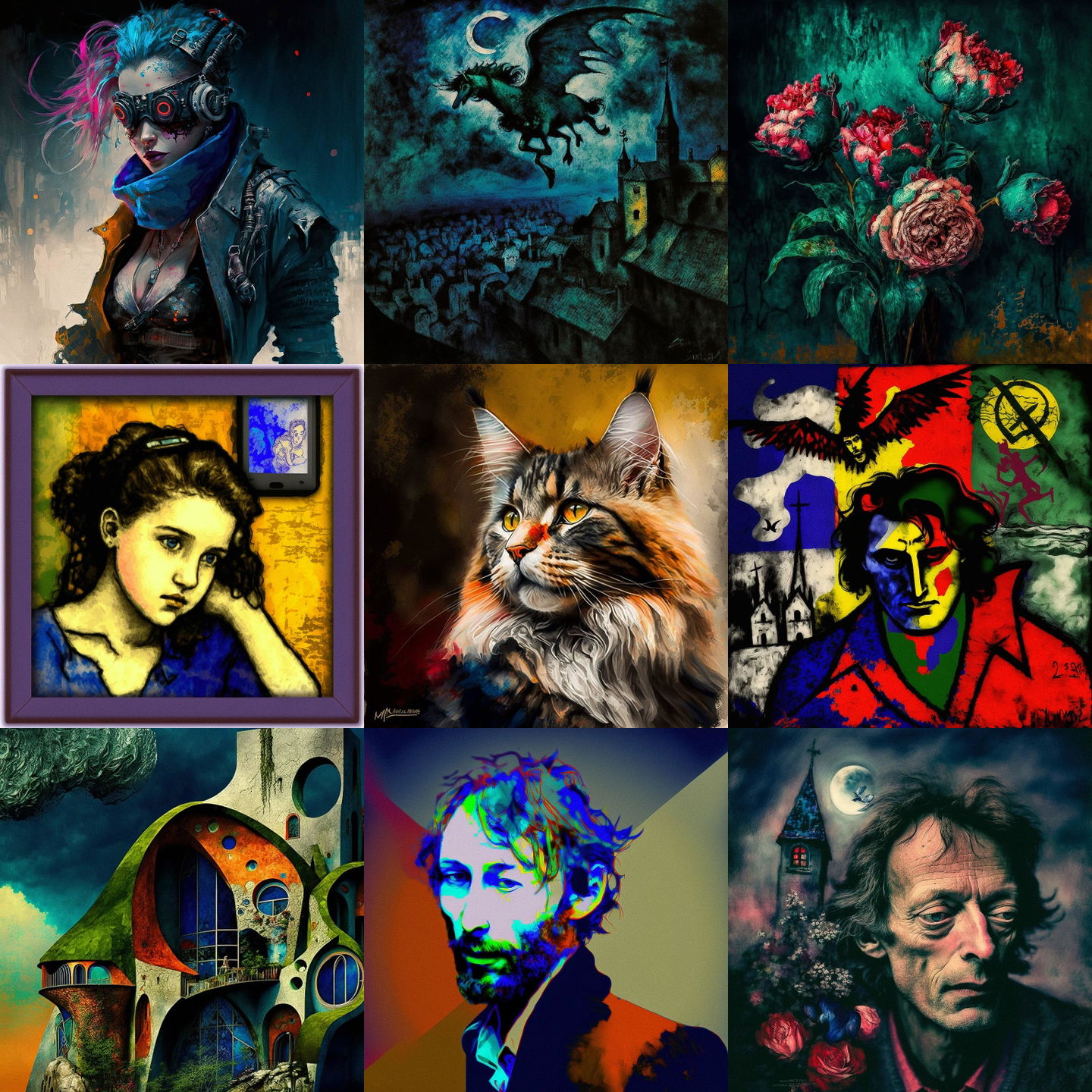 Marc Chagall style, Midjourney V4: cyberpunk character by Marc Chagall