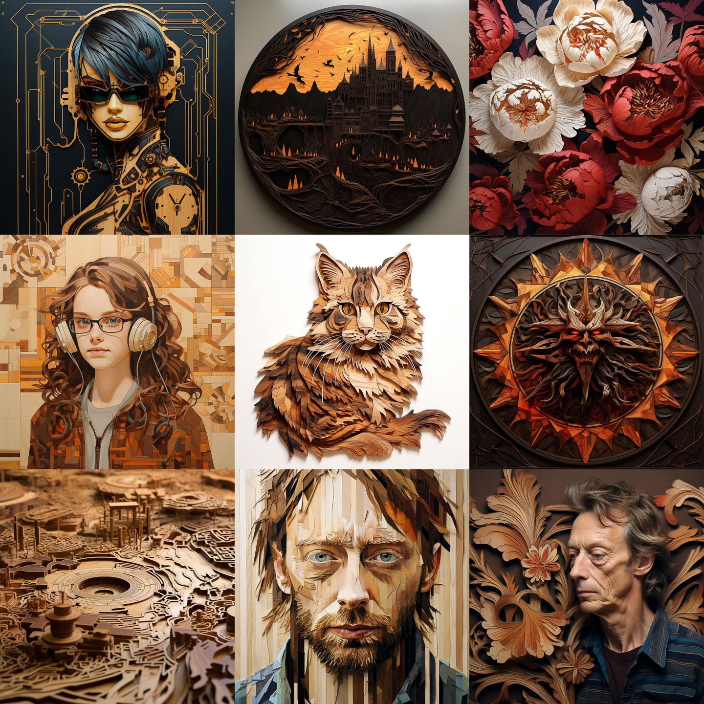 Marquetry style, Midjourney V5.2: cyberpunk character as Marquetry