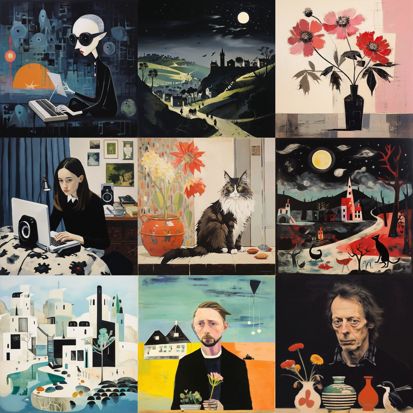 Mary Fedden style, Midjourney V5.2: cyberpunk character by Mary Fedden