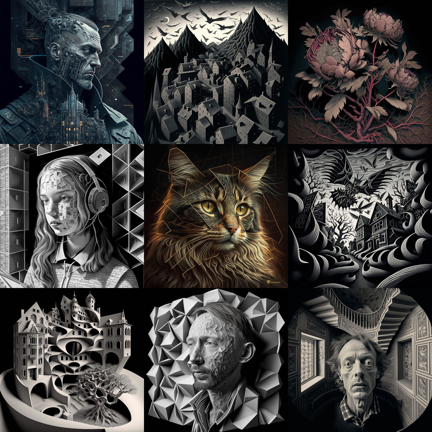M. C. Escher style, Midjourney V4: cyberpunk character by Maurits Cornelis Escher