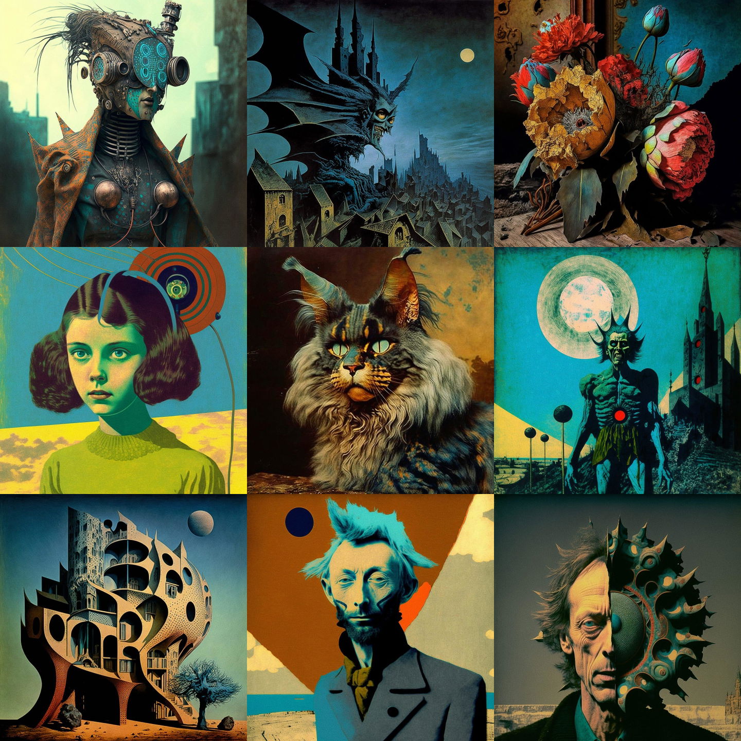 Max Ernst style, Midjourney V4: cyberpunk character by Max Ernst