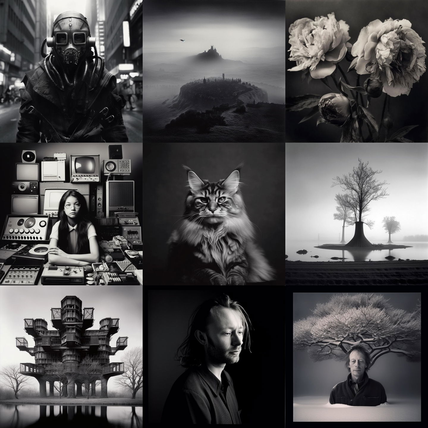Michael Kenna style, Midjourney V5: cyberpunk character by Michael Kenna