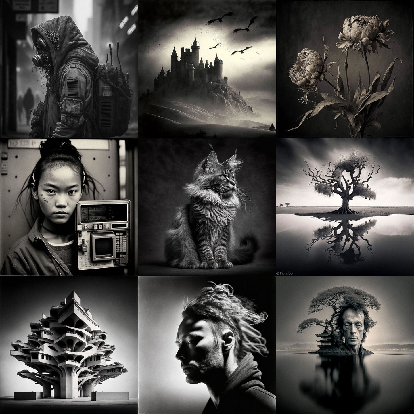Michael Kenna style, Midjourney V4: cyberpunk character by Michael Kenna