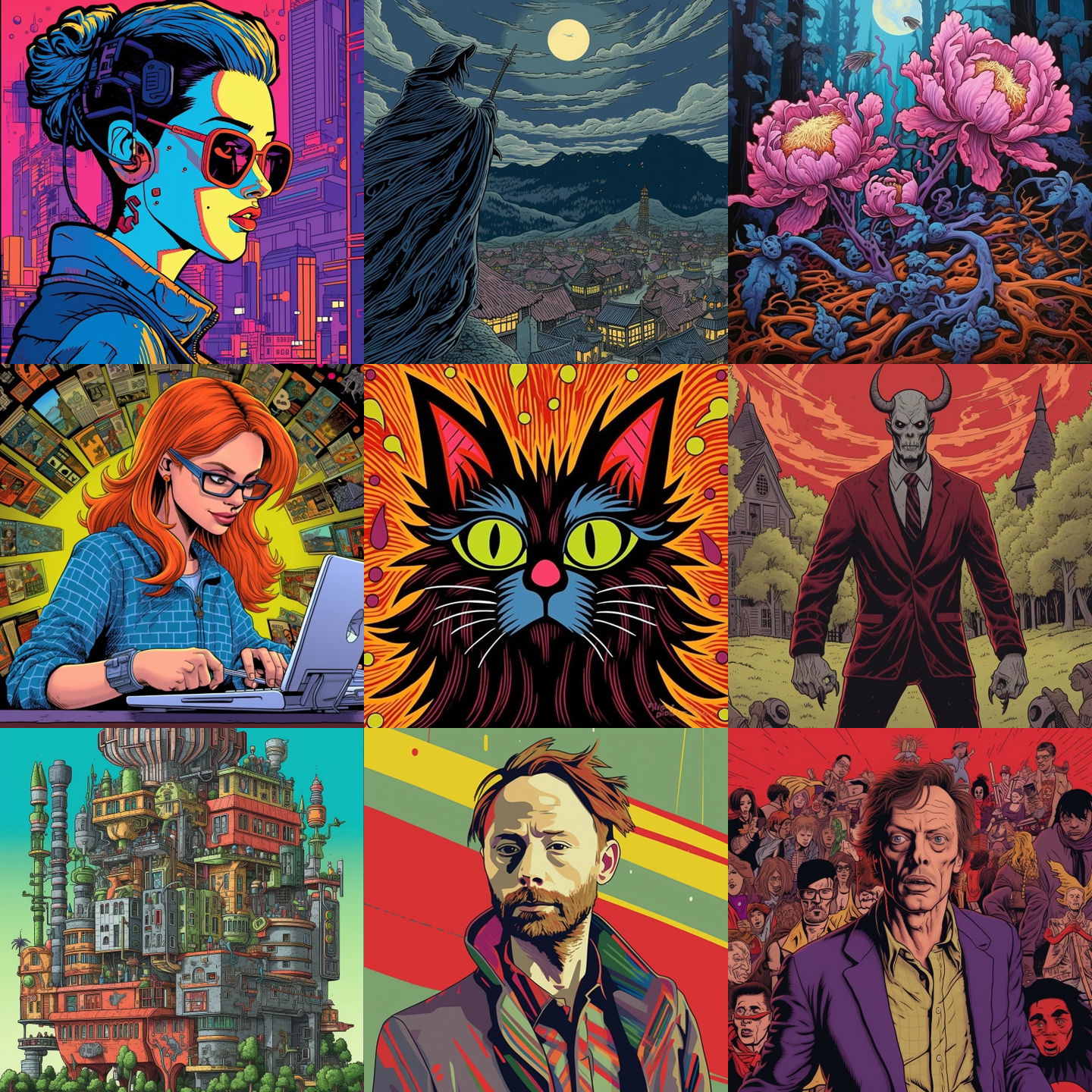 Mike Allred style, Midjourney V5.1: cyberpunk character by Mike Allred