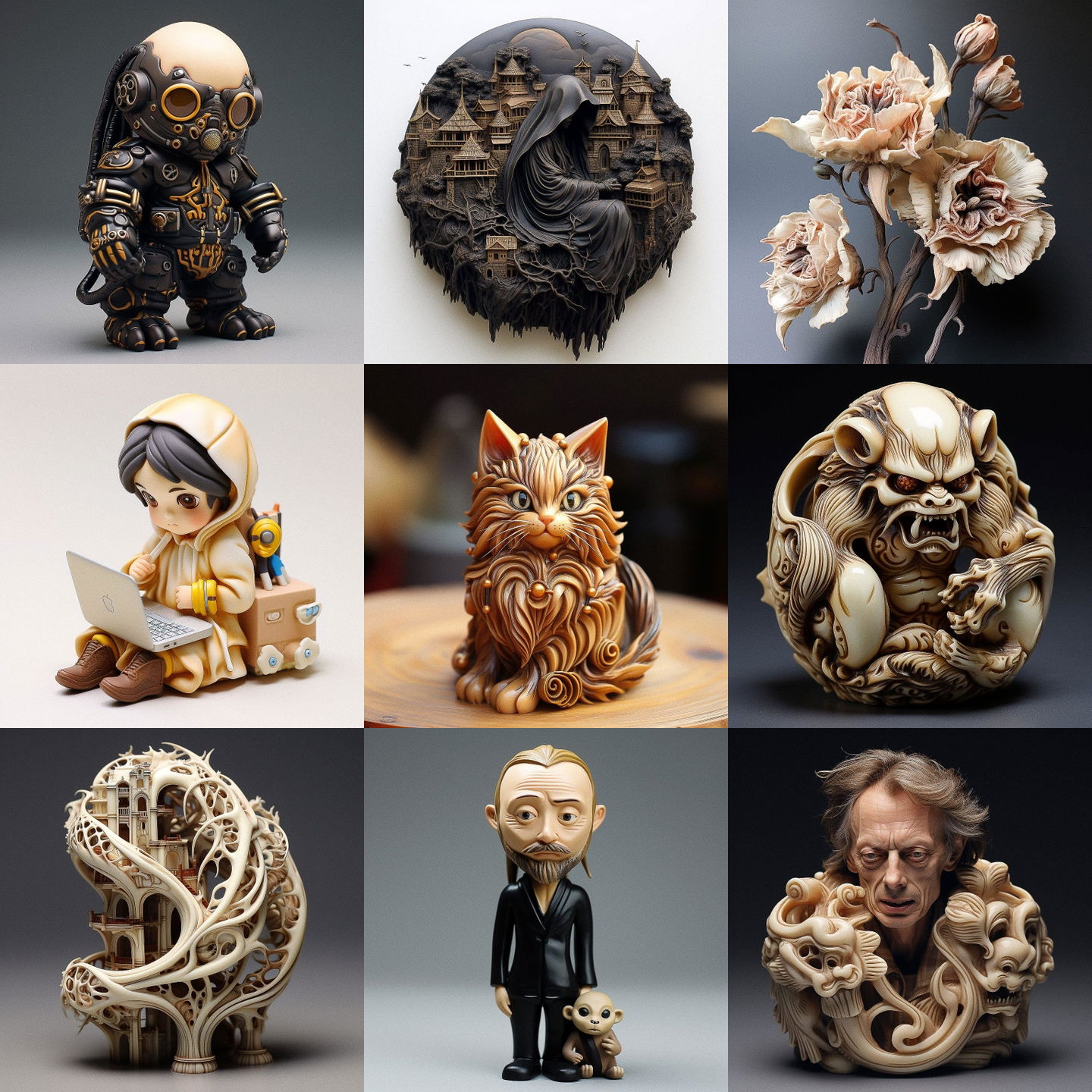 Netsuke style, Midjourney V5.2: cyberpunk character as Netsuke