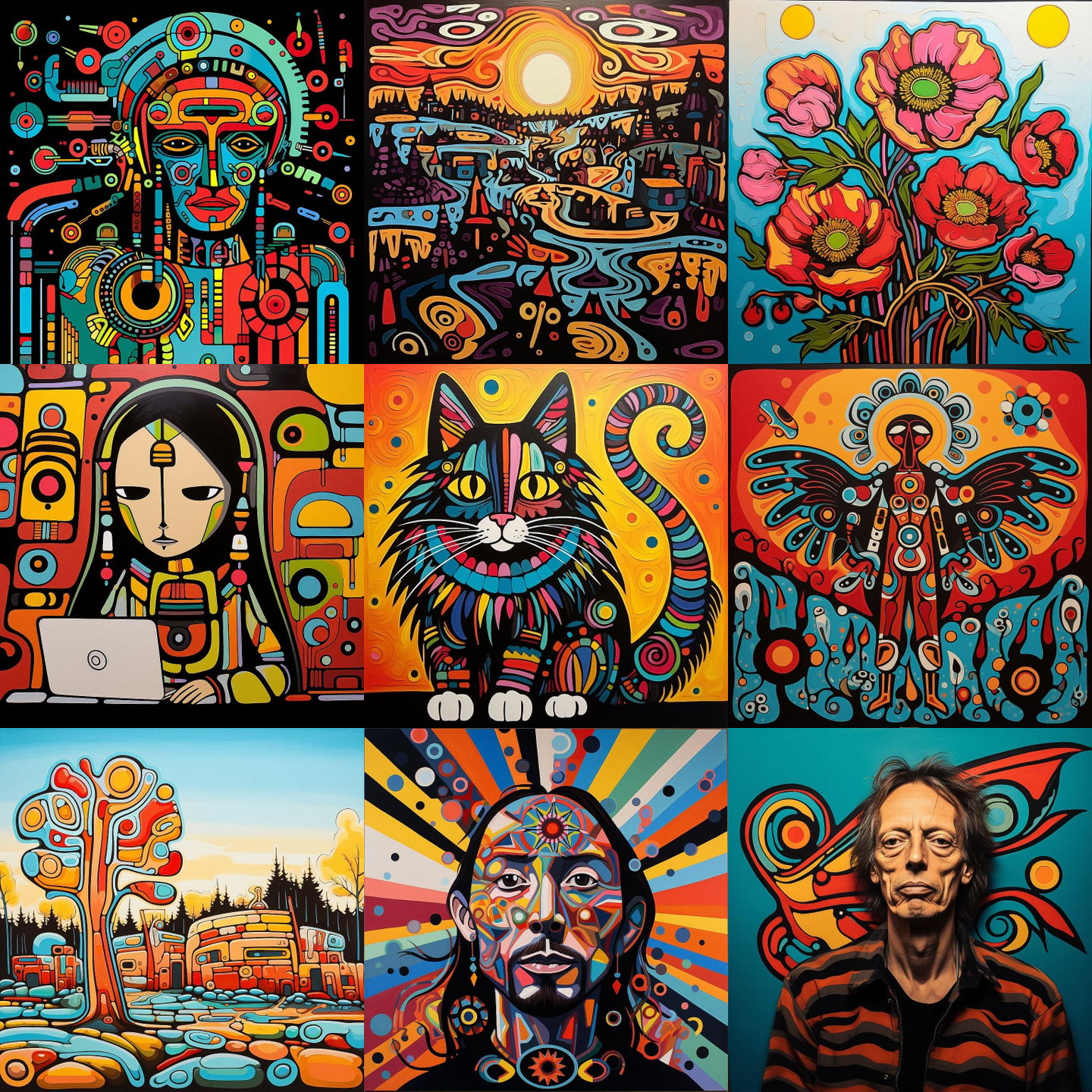 Norval Morrisseau style, Midjourney V5.2: cyberpunk character by Norval Morrisseau