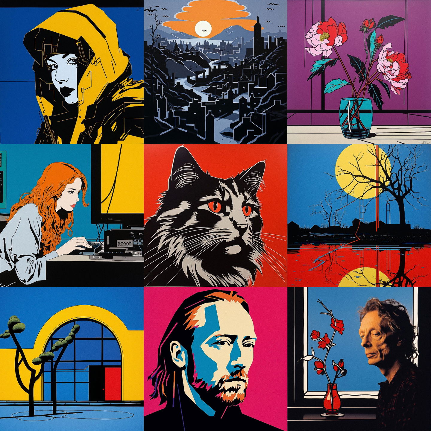 Patrick Caulfield style, Midjourney V5.2: cyberpunk character by Patrick Caulfield
