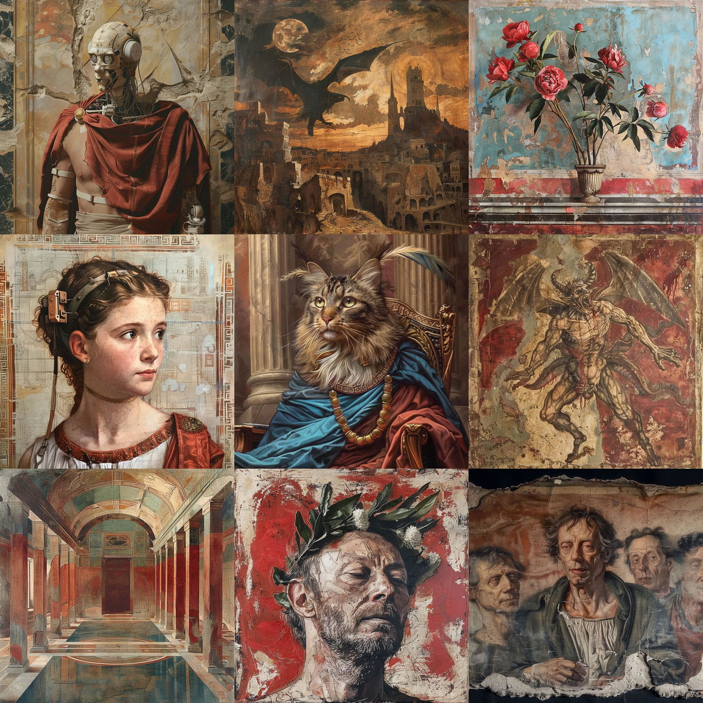 Pompeian fresco style, Midjourney V6: cyberpunk character as Pompeian fresco