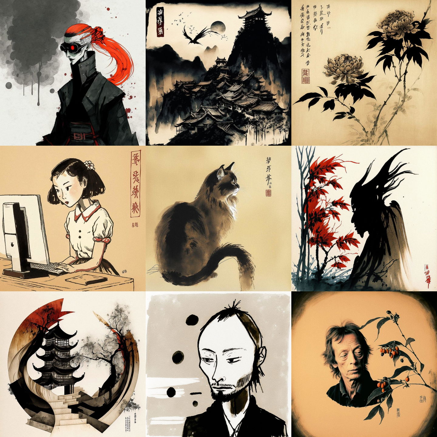 Qi Baishi style, Midjourney V4: cyberpunk character by Qi Baishi