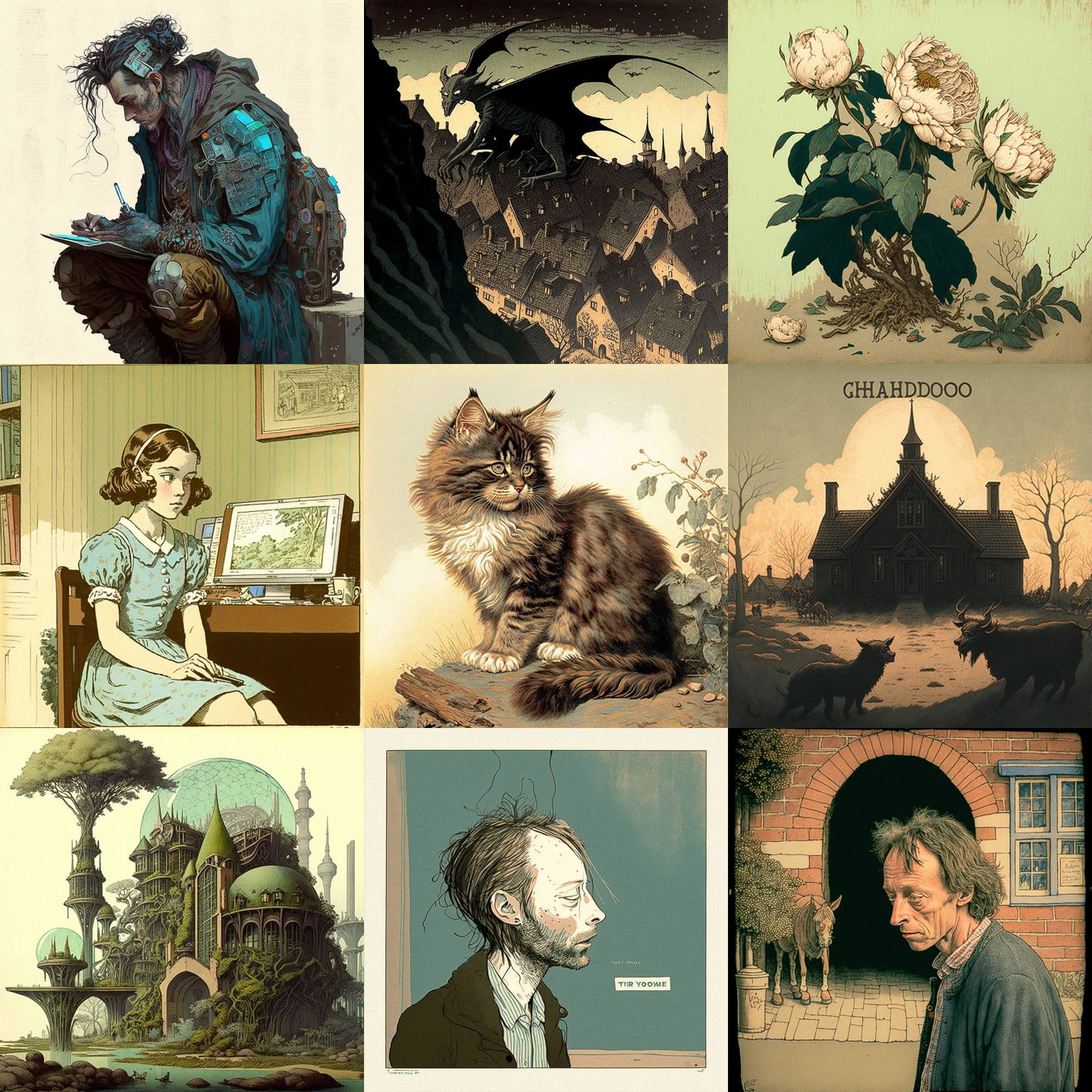Randolph Caldecott style, Midjourney V4: cyberpunk character by Randolph Caldecott