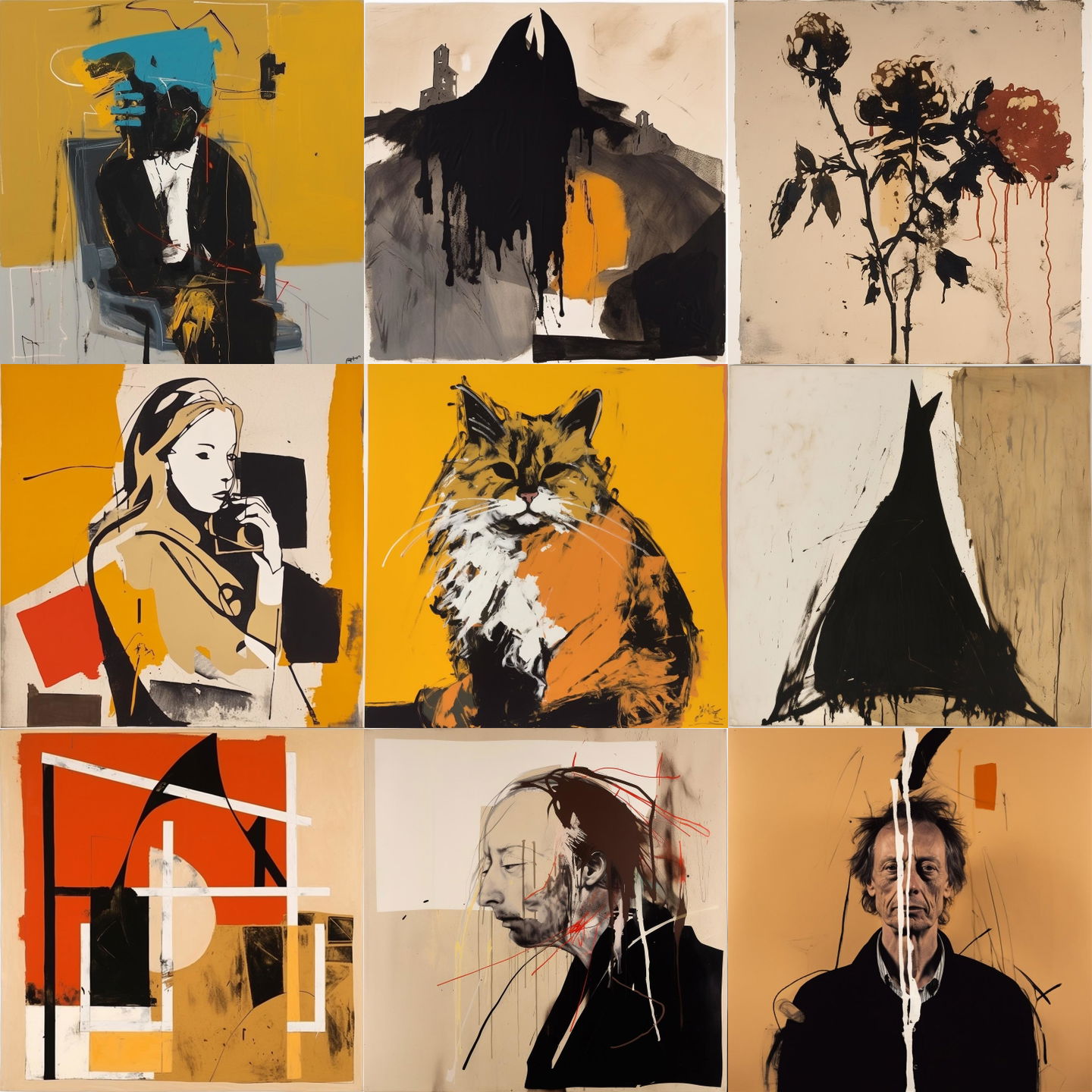 Robert Motherwell style, Midjourney V5: cyberpunk character by Robert Motherwell