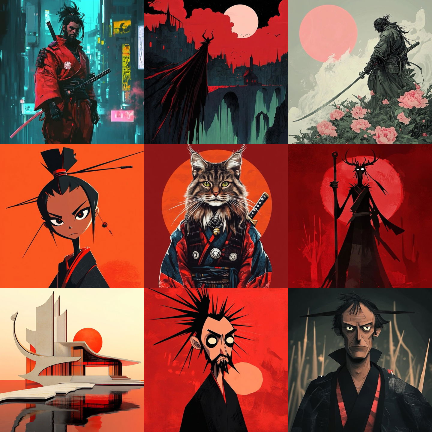 Samurai Jack style, Midjourney V6.1: cyberpunk character in Samurai Jack style