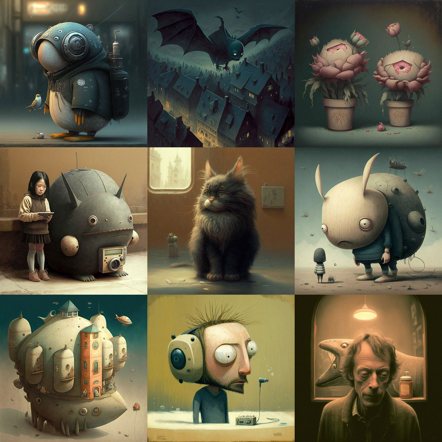 Shaun Tan style, Midjourney V4: cyberpunk character by Shaun Tan