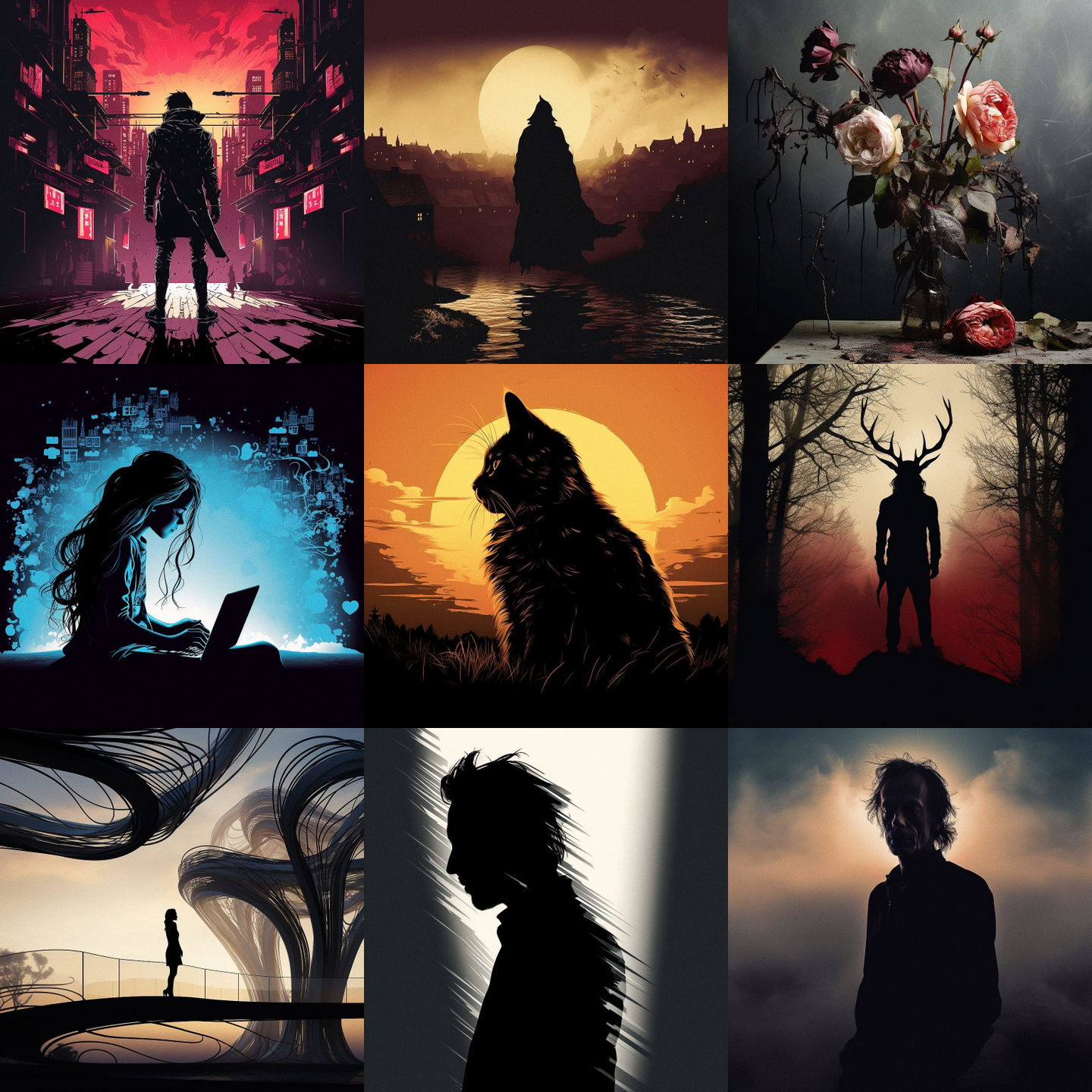 Silhouette style, Midjourney V5.2: cyberpunk character as Silhouette