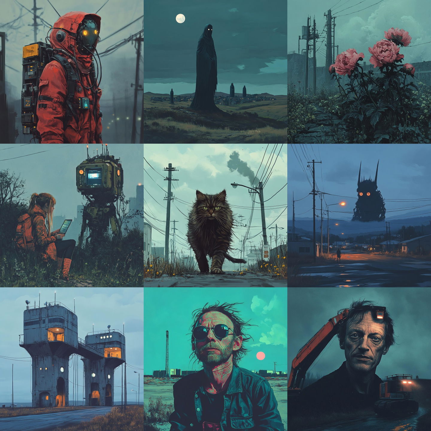 Simon Stalenhag style, Midjourney V6.1: cyberpunk character by Simon Stalenhag