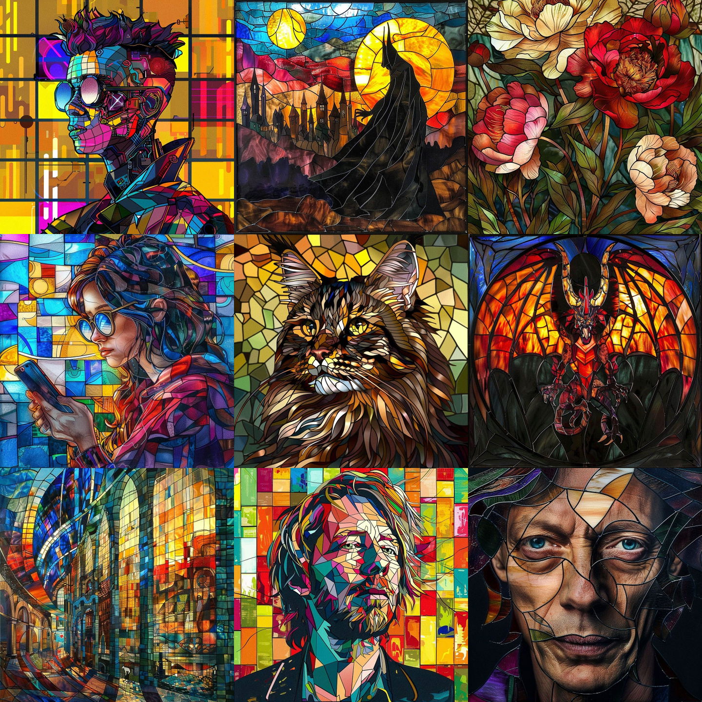 Stained glass style, Midjourney V6: cyberpunk character as Stained glass