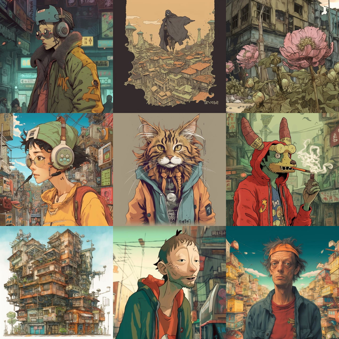 Tekkonkinkreet style, Midjourney V5: cyberpunk character in Tekkonkinkreet style