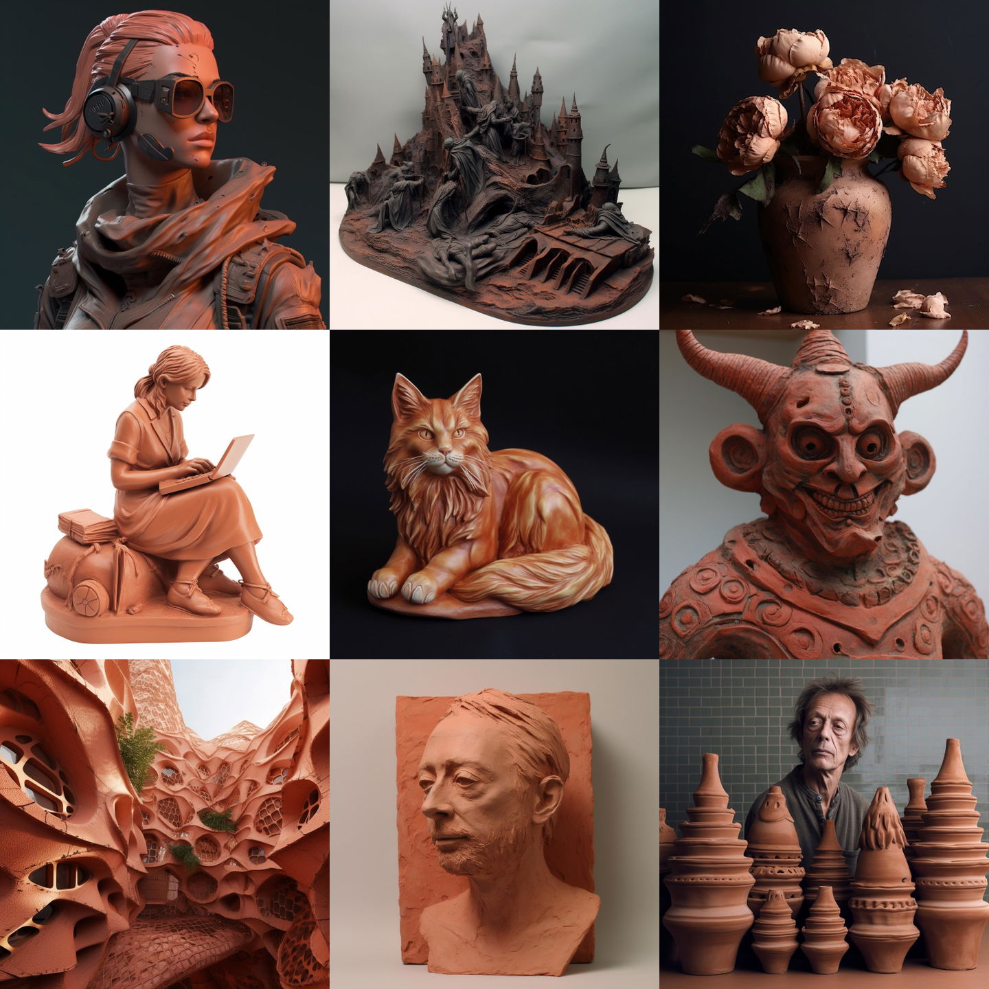 Terracotta style, Midjourney V5: cyberpunk character in Terracotta style