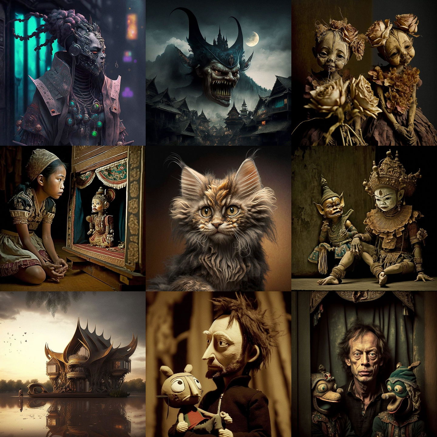 Thai puppet theater style, Midjourney V4: cyberpunk character. Thai puppet theatre