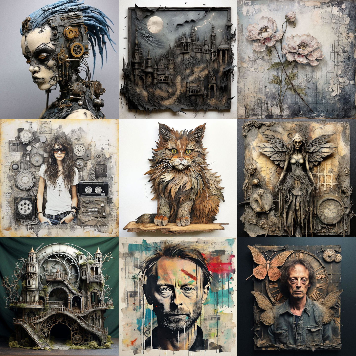 Tim Holtz style, Midjourney V5.2: cyberpunk character by Tim Holtz