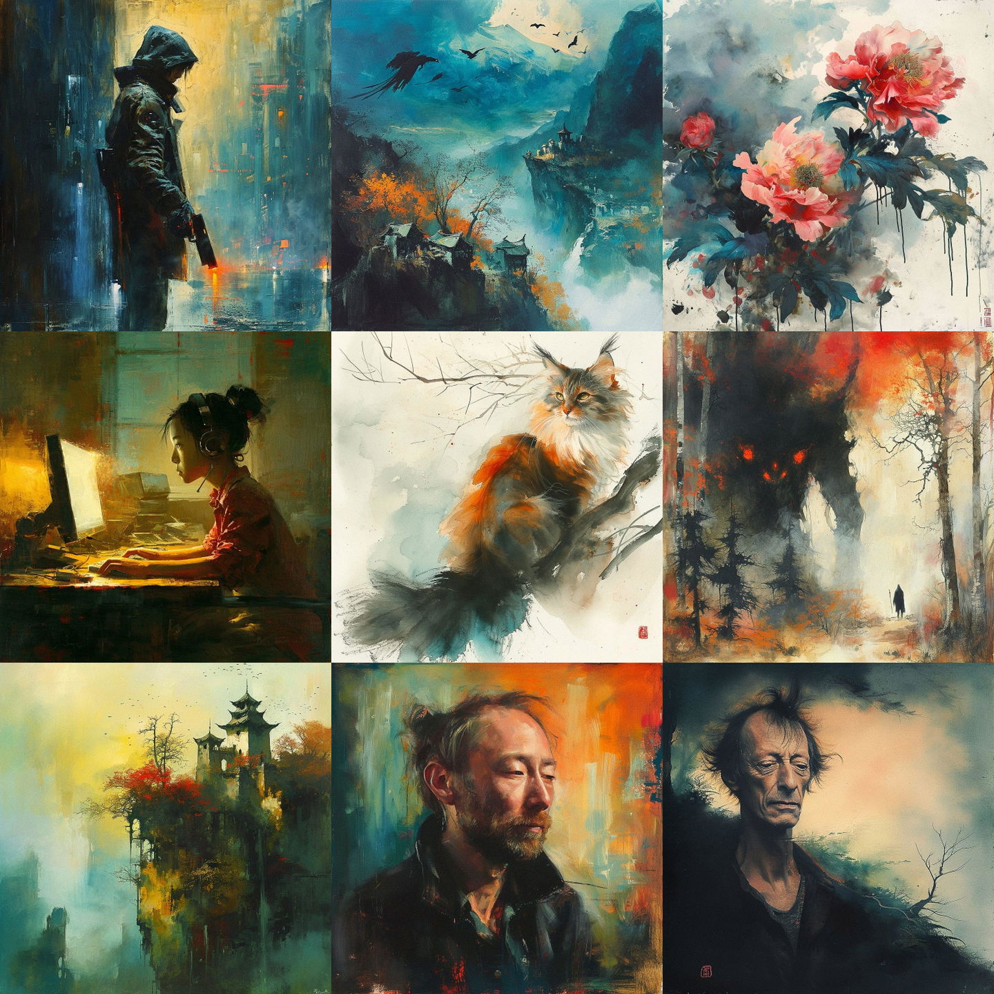 Tyrus Wong style, Midjourney V6: cyberpunk character by Tyrus Wong