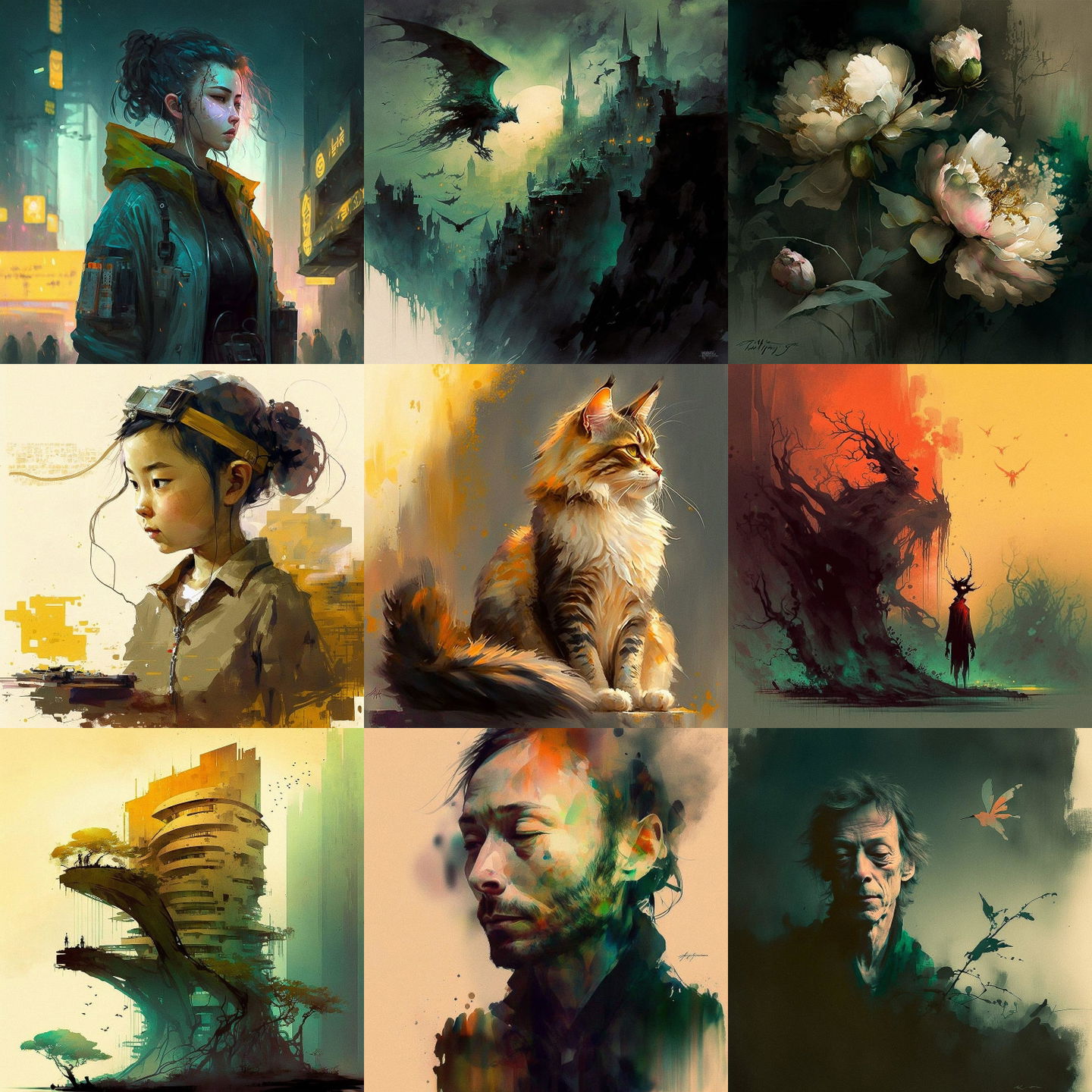 Tyrus Wong style, Midjourney V4: cyberpunk character by Tyrus Wong