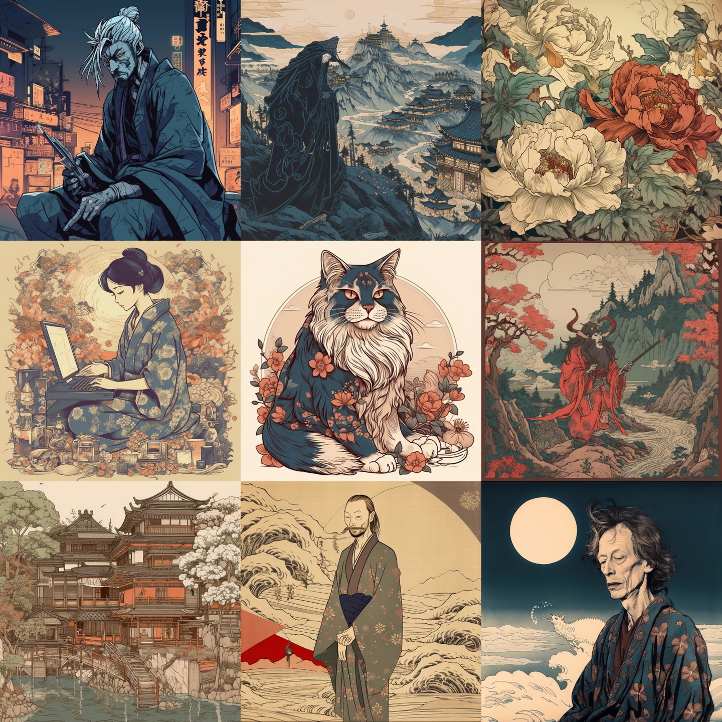 Ukiyo-e style, Midjourney V5: cyberpunk character in style of Ukiyo-e